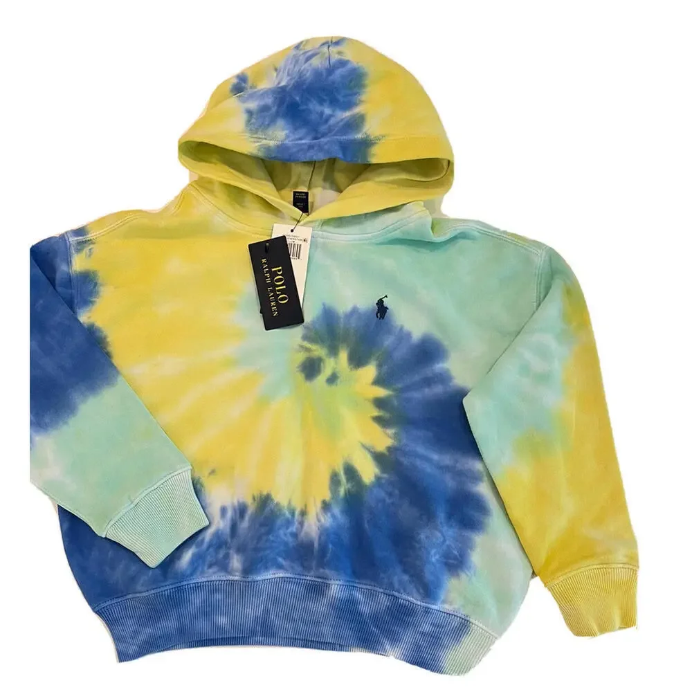 POLO RALPH LAUREN GIRLS YELLOW BLLUE SPIRAL TIE DYE TERRY HOODIE SIZE 7 SMALL